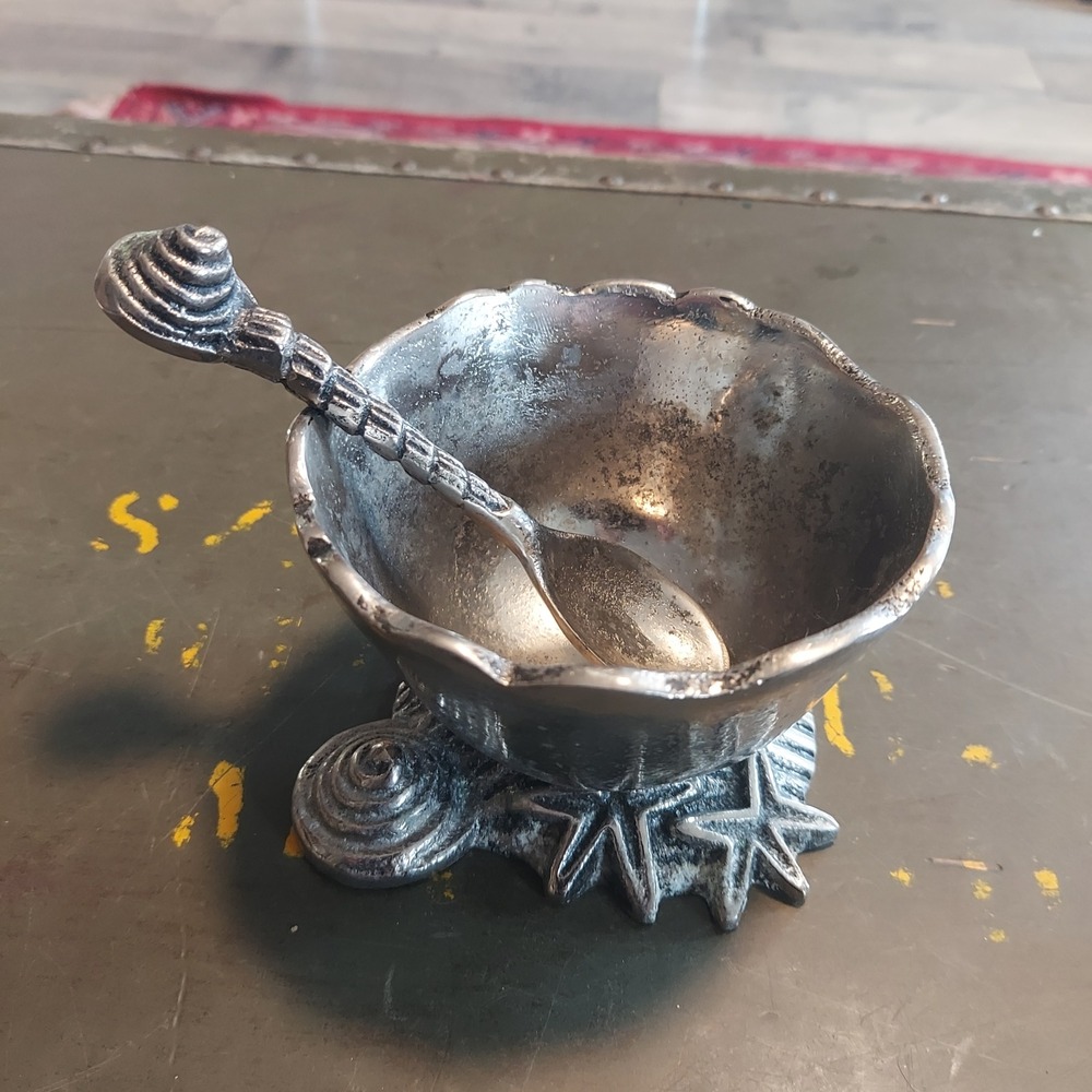 Nautical Starfish Seashell Cast Metal Salt Cellar Bowl with Shell Spoon Silver